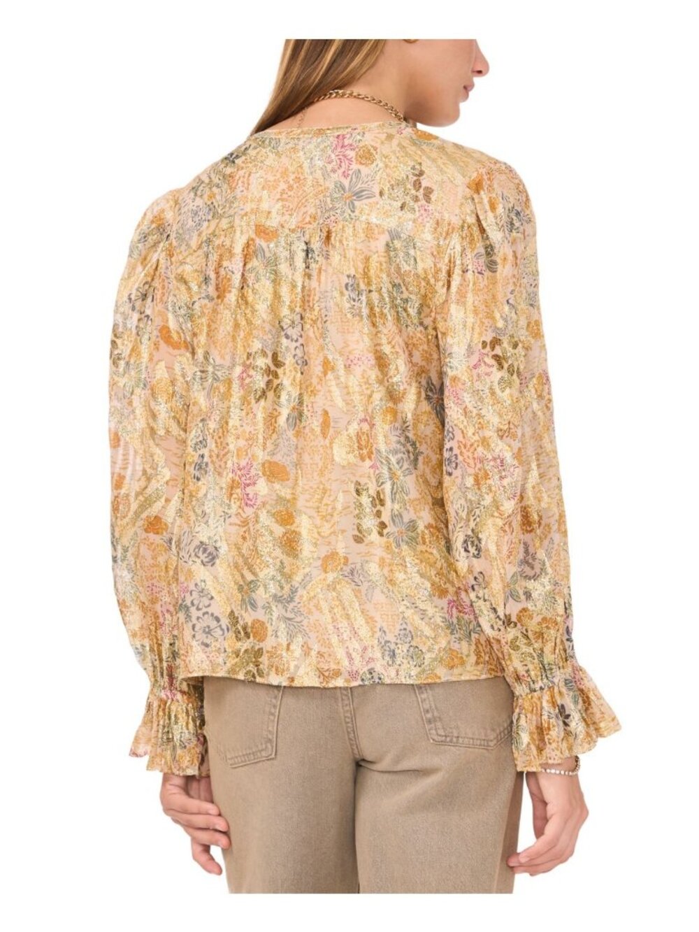 1.STATE Women's Printed Button-Front Long Sleeve Blouse Spice Beige Size S $89 - Picture 2 of 5